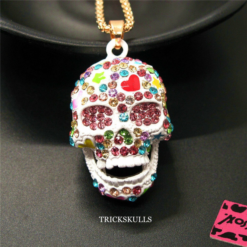 White Enamel Iced Crystal 3d Sugar Skull Hip Hop Punk Necklace W 26in Chain New!